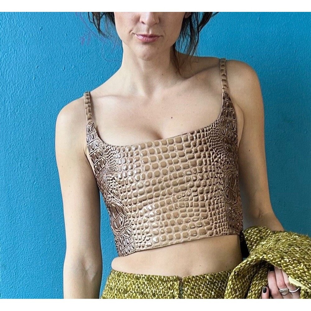 MIA VESPER EMBOSSED CROCODILE PRINT ZIP UP CROPPED CAMI TOP Brown